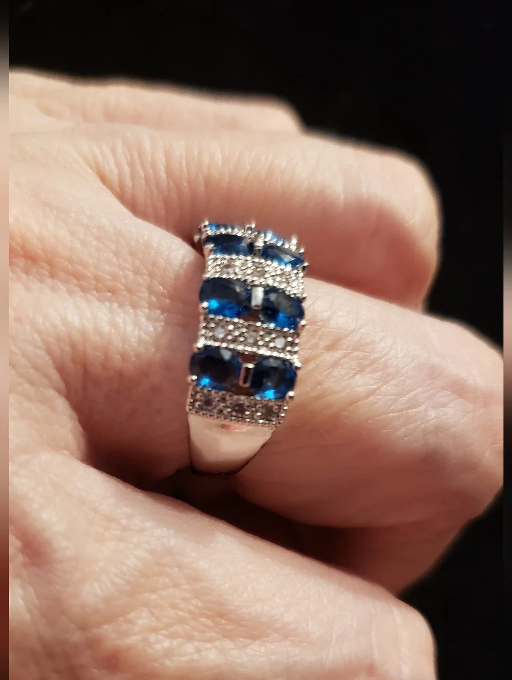NEW Blue Sapphire Stamped 925 Fashion Ring,  Wide Band W/oval Stones & Pavé